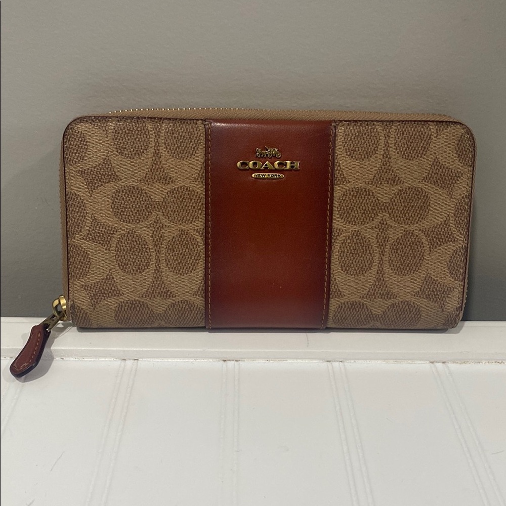 Coach Signature Brown and Tan Zip Wallet